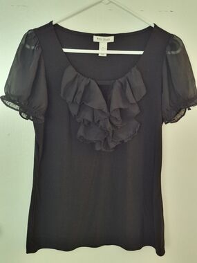 White House Black Market Black Ruffle Scoop Neck Blouse
